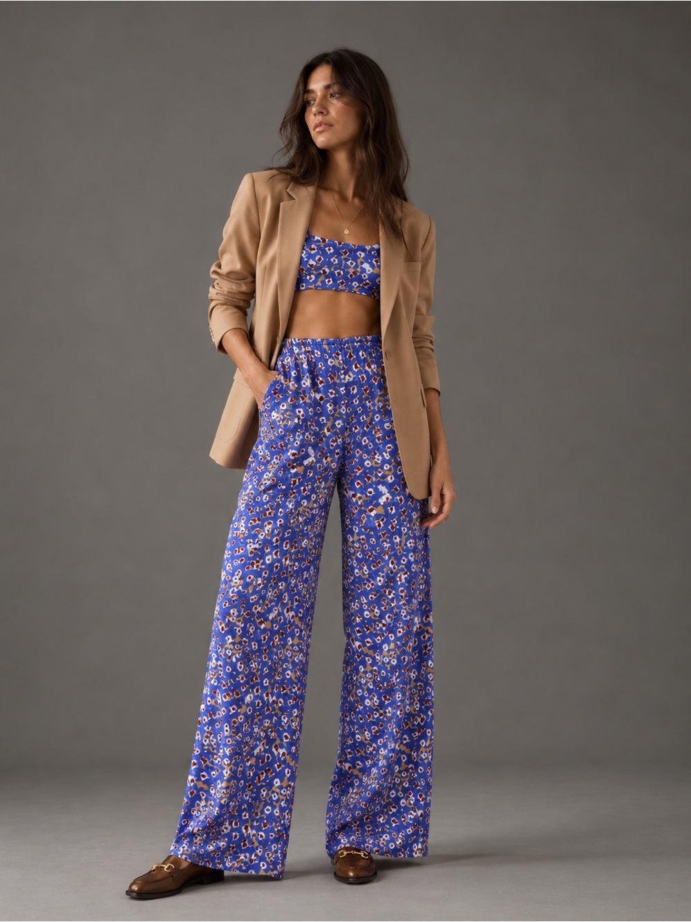 Open Edit Blue Abstract Print Bandeau Wide Leg Pant Set XS/XXS selling as set